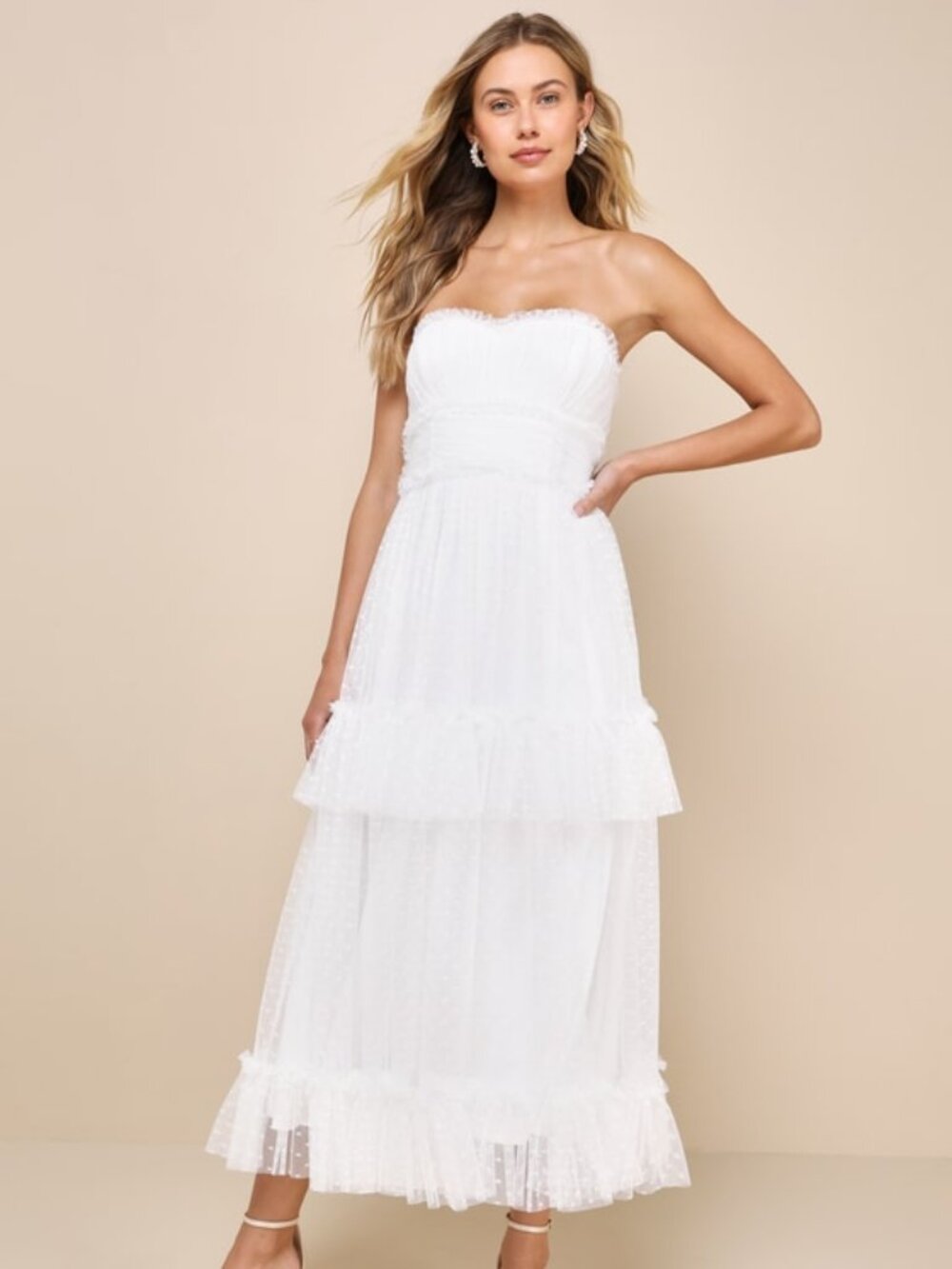 Lulus Delightful Bliss White Mesh Swiss Dot Strapless Midi Dress - Size M